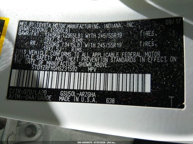Toyota Highlander Limited 2017 5TDYZRFH5HS231592 Image 9