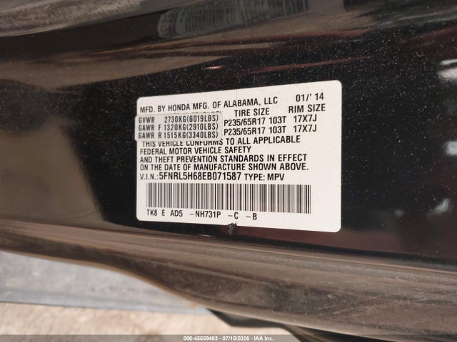Продаж на аукціоні авто 2014 Honda Odyssey Ex-l, vin: 5FNRL5H68EB071587, номер лоту: 45559483