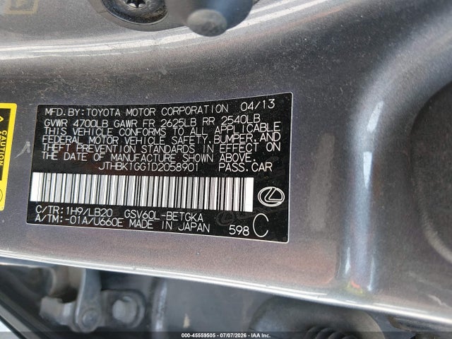 2013 Lexus Es 350 მანქანა იყიდება აუქციონზე, vin: JTHBK1GG1D2058901, აუქციონის ნომერი: 45559505
