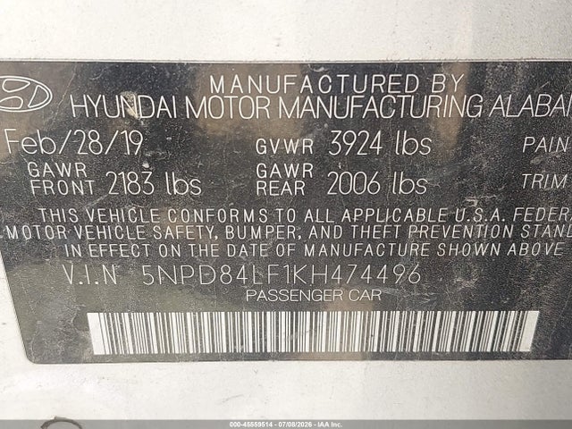 45559514 :رقم المزاد ، 5NPD84LF1KH474496 vin ، 2019 Hyundai Elantra Sel مزاد بيع