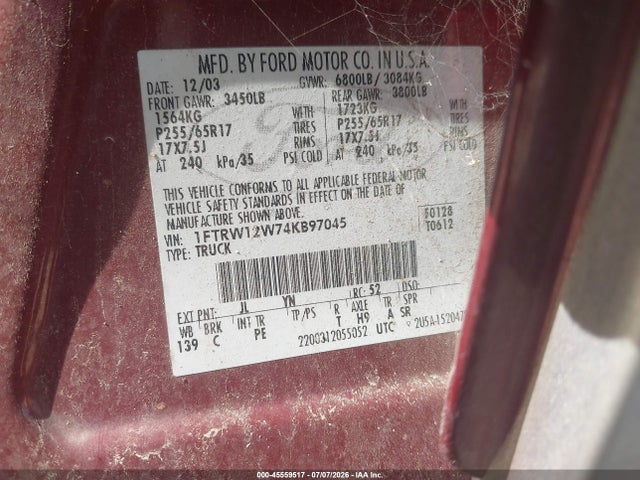 Продаж на аукціоні авто 2004 Ford F-150 Xlt, vin: 1FTRW12W74KB97045, номер лоту: 45559517