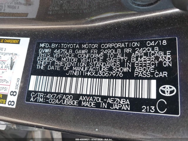 Продажа на аукционе авто 2018 Toyota Camry Le, vin: JTNB11HKXJ3067976, номер лота: 45559521