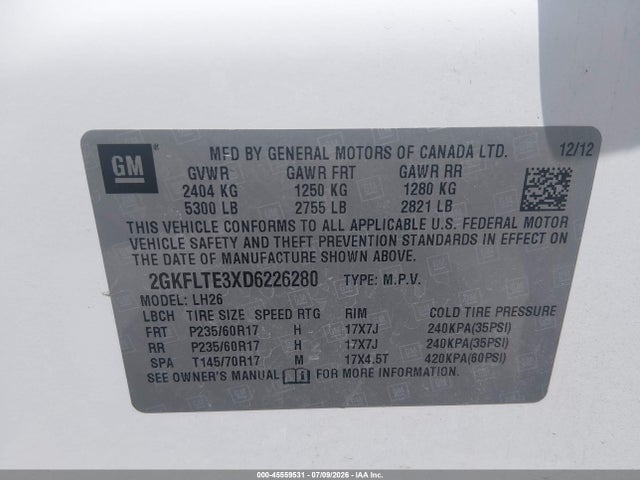 Aukcja sprzedaży 2013 Gmc Terrain Sle-2, vin: 2GKFLTE3XD6226280, numer aukcji: 45559531