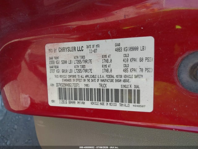45559552 :رقم المزاد ، 3D7KS29AX8G173371 vin ، 2008 Dodge Ram 2500 Laramie مزاد بيع