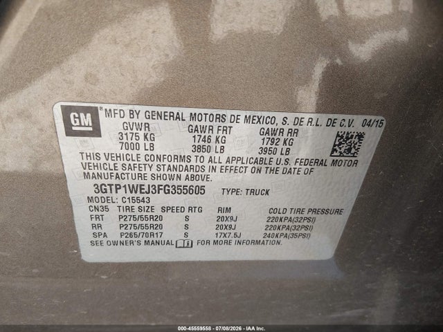 2015 Gmc Sierra 1500 Denali მანქანა იყიდება აუქციონზე, vin: 3GTP1WEJ3FG355605, აუქციონის ნომერი: 45559558