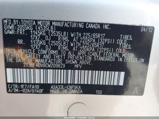 Aukcja sprzedaży 2012 Toyota Rav4, vin: 2T3BF4DV8CW209829, numer aukcji: 45559567
