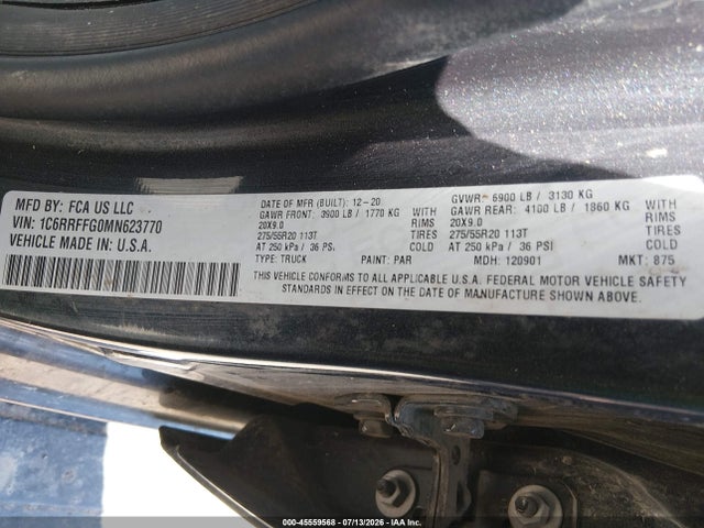 2021 Ram 1500 მანქანა იყიდება აუქციონზე, vin: 1C6RRFFG0MN623770, აუქციონის ნომერი: 45559568