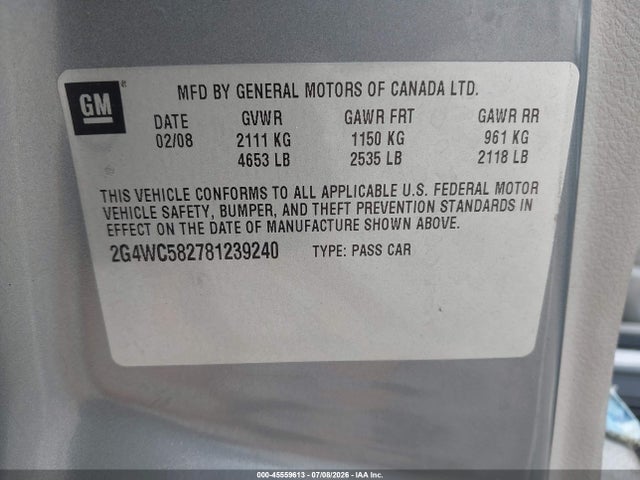 2008 Buick Lacrosse Cx მანქანა იყიდება აუქციონზე, vin: 2G4WC582781239240, აუქციონის ნომერი: 45559613