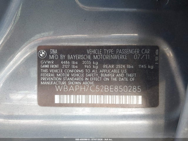 45559615 :رقم المزاد ، WBAPH7C52BE850285 vin ، 2011 Bmw 328i مزاد بيع