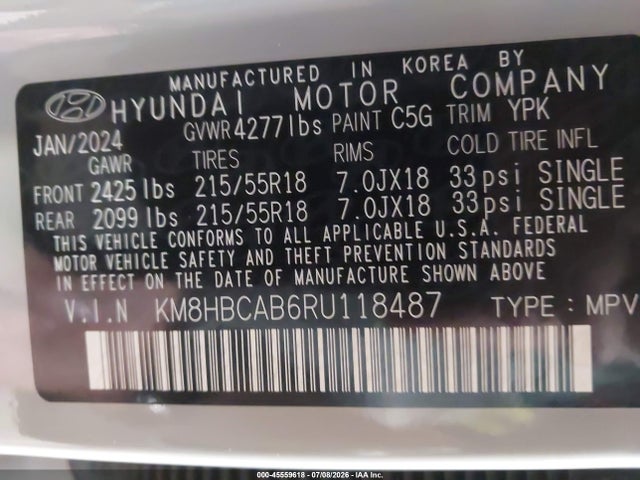 45559618 :رقم المزاد ، KM8HBCAB6RU118487 vin ، 2024 Hyundai Kona Sel مزاد بيع
