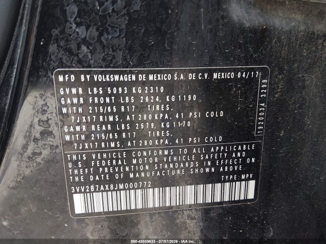 45559633 :رقم المزاد ، 3VV2B7AX8JM000772 vin ، 2018 Volkswagen Tiguan 2.0t Se/2.0t Sel مزاد بيع