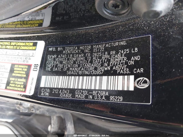 Продаж на аукціоні авто 2022 Lexus Es 350, vin: 58ADZ1B11NU130957, номер лоту: 45559637