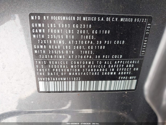 3VV2B7AX0NM111922 Volkswagen Tiguan 2.0t Se