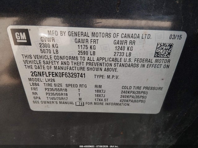 45559653 :رقم المزاد ، 2GNFLFEK0F6329741 vin ، 2015 Chevrolet Equinox Lt مزاد بيع