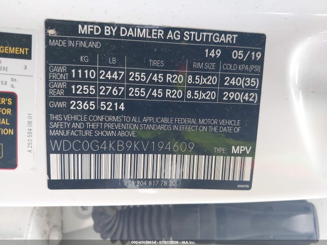2019 Mercedes-benz Glc 300 4matic მანქანა იყიდება აუქციონზე, vin: WDC0G4KB9KV194609, აუქციონის ნომერი: 45559654
