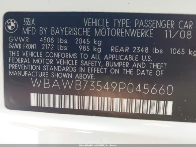 Aukcja sprzedaży 2009 Bmw 335i, vin: WBAWB73549P045660, numer aukcji: 45559655