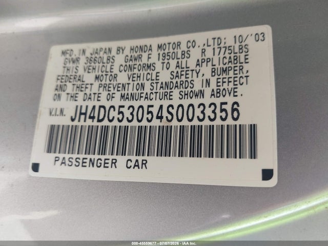 45559677 :رقم المزاد ، JH4DC53054S003356 vin ، 2004 Acura Rsx Type S مزاد بيع