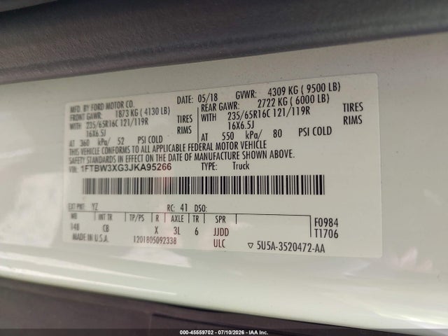 Продаж на аукціоні авто 2018 Ford Transit-350, vin: 1FTBW3XG3JKA95266, номер лоту: 45559702