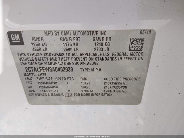 Aukcja sprzedaży 2010 Gmc Terrain Slt-1, vin: 2CTALFEW8A6402938, numer aukcji: 45559729