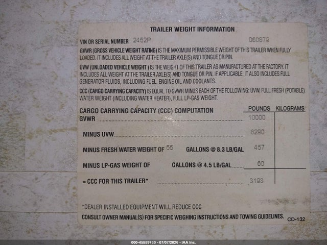 2003 K-z Inc Travel Trailer მანქანა იყიდება აუქციონზე, vin: 4EZFS24223S060879, აუქციონის ნომერი: 45559730