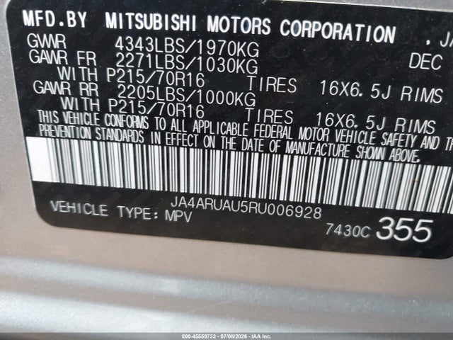 45559733 :رقم المزاد ، JA4ARUAU5RU006928 vin ، 2024 Mitsubishi Outlander Sport 2.0 S Awc مزاد بيع