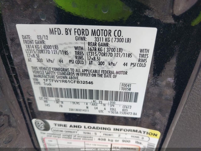 Auction sale of the 2012 Ford F-150 Svt Raptor, vin: 1FTFW1R61CFB32546, lot number: 45559741