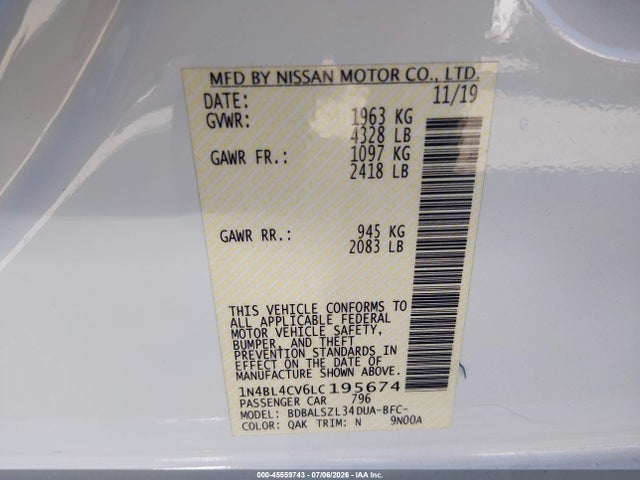 1N4BL4CV6LC195674 Nissan Altima Sr Fwd