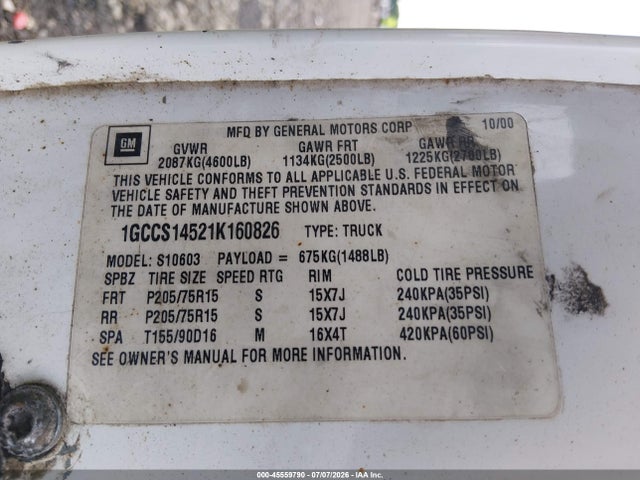 Продаж на аукціоні авто 2001 Chevrolet S-10, vin: 1GCCS14521K160826, номер лоту: 45559790