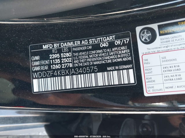 Aukcja sprzedaży 2018 Mercedes-benz E 300 4matic, vin: WDDZF4KBXJA340575, numer aukcji: 45559794