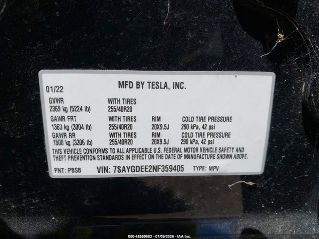 Продажа на аукционе авто 2022 Tesla Model Y Long Range Dual Motor All-wheel Drive, vin: 7SAYGDEE2NF359405, номер лота: 45559802