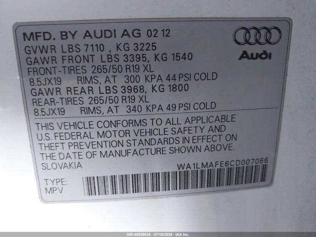 Aukcja sprzedaży 2012 Audi Q7 3.0 Tdi Premium, vin: WA1LMAFE6CD007066, numer aukcji: 45559826