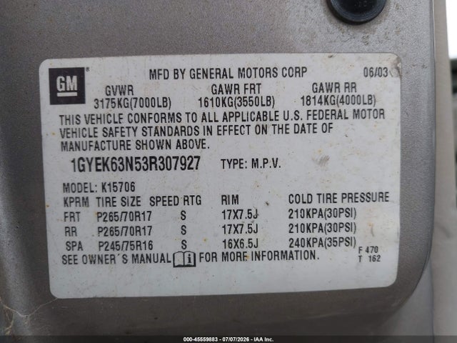 Продаж на аукціоні авто 2003 Cadillac Escalade Standard, vin: 1GYEK63N53R307927, номер лоту: 45559883