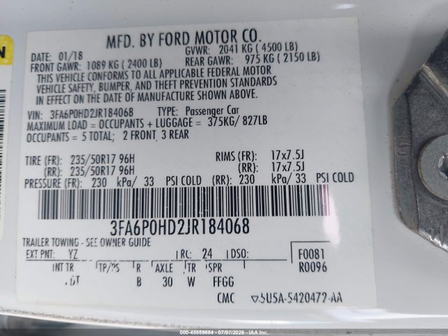 Aukcja sprzedaży 2018 Ford Fusion Se, vin: 3FA6P0HD2JR184068, numer aukcji: 45559884