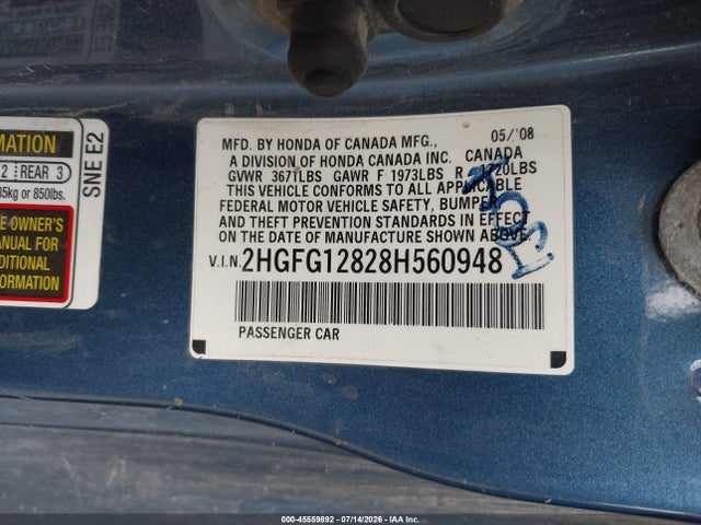 Продажа на аукционе авто 2008 Honda Civic Ex, vin: 2HGFG12828H560948, номер лота: 45559892