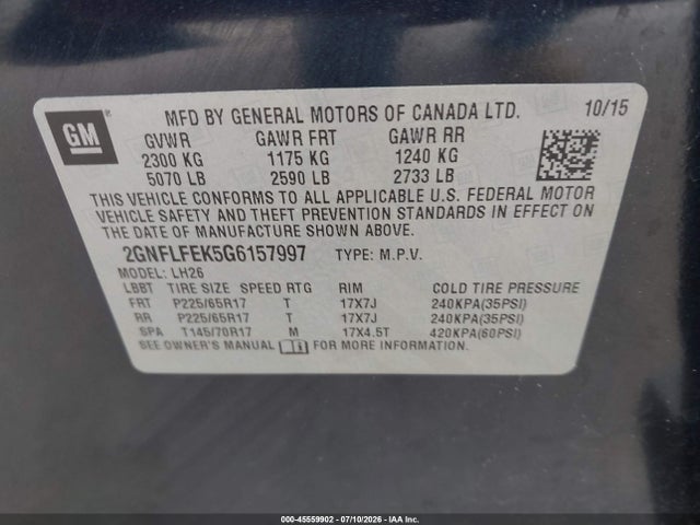 45559902 :رقم المزاد ، 2GNFLFEK5G6157997 vin ، 2016 Chevrolet Equinox Lt مزاد بيع
