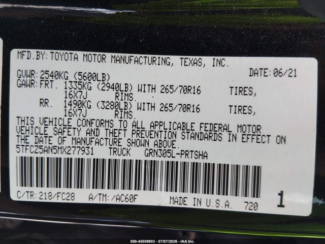Aukcja sprzedaży 2021 Toyota Tacoma Sr5 V6, vin: 5TFCZ5AN5MX277931, numer aukcji: 45559903