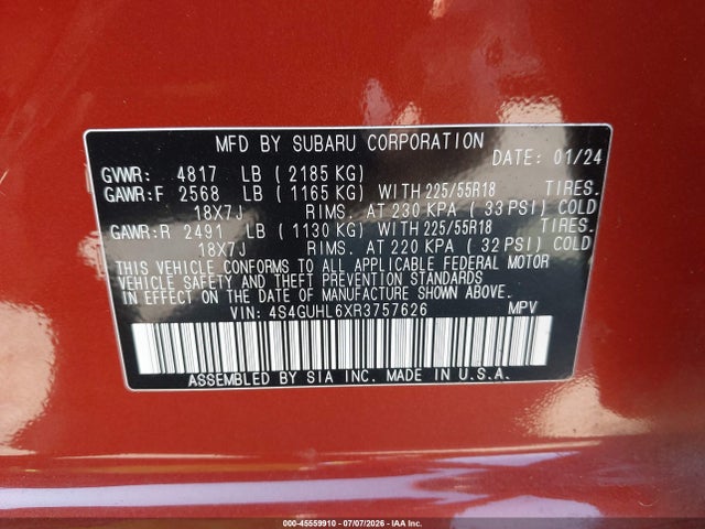 45559910 :رقم المزاد ، 4S4GUHL6XR3757626 vin ، 2024 Subaru Crosstrek Limited مزاد بيع