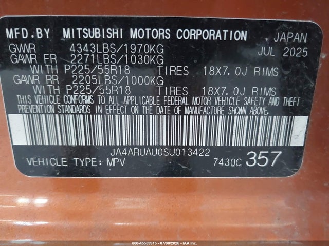 Aukcja sprzedaży 2025 Mitsubishi Outlander Sport 2.0 Es Awc/2.0 Le Awc/2.0 S Awc/2.0 Se Awc/2.0 Trail Edition Awc, vin: JA4ARUAU0SU013422, numer aukcji: 45559915
