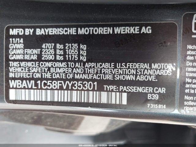Aukcja sprzedaży 2015 Bmw X1 Xdrive28i, vin: WBAVL1C58FVY35301, numer aukcji: 45559919