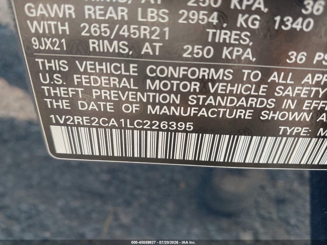 2020 Volkswagen Atlas Cross Sport 3.6l V6 Sel R-line მანქანა იყიდება აუქციონზე, vin: 1V2RE2CA1LC226395, აუქციონის ნომერი: 45559927