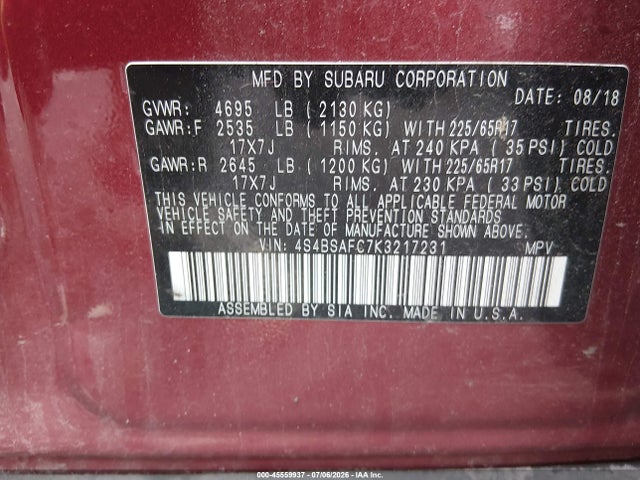 45559937 :رقم المزاد ، 4S4BSAFC7K3217231 vin ، 2019 Subaru Outback 2.5i Premium مزاد بيع