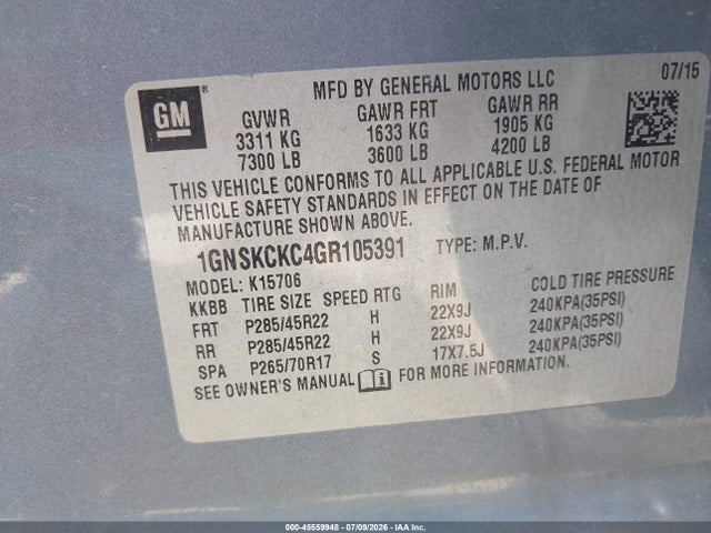 2016 Chevrolet Tahoe Ltz მანქანა იყიდება აუქციონზე, vin: 1GNSKCKC4GR105391, აუქციონის ნომერი: 45559948