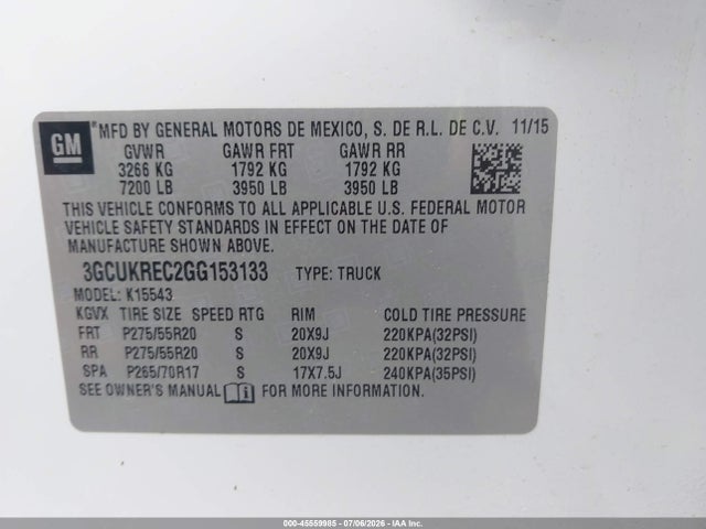 Aukcja sprzedaży 2016 Chevrolet Silverado 1500 Lt, vin: 3GCUKREC2GG153133, numer aukcji: 45559985