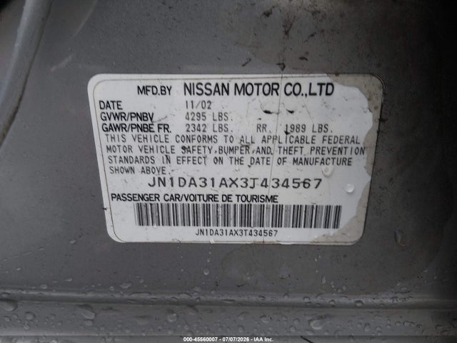 Aukcja sprzedaży 2003 Nissan Maxima Se, vin: JN1DA31AX3T434567, numer aukcji: 45560007