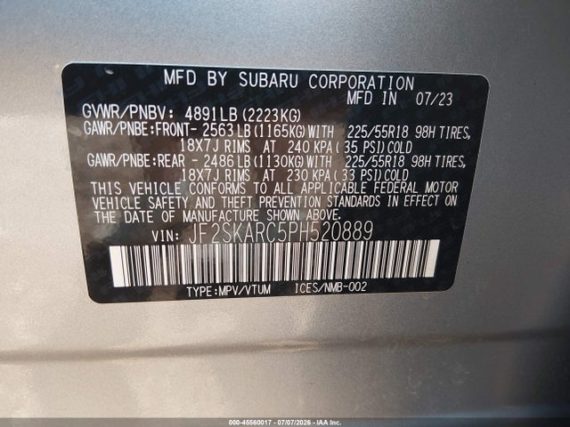 45560017 :رقم المزاد ، JF2SKARC5PH520889 vin ، 2023 Subaru Forester Touring مزاد بيع