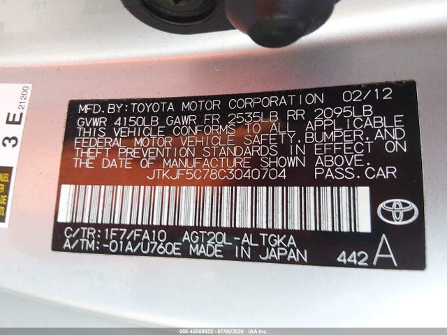 45560022 :رقم المزاد ، JTKJF5C78C3040704 vin ، 2012 Scion Tc مزاد بيع