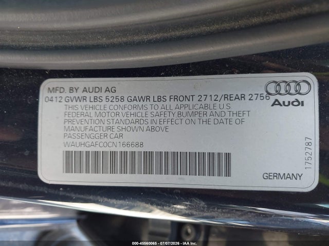 45560065 :رقم المزاد ، WAUHGAFC0CN166688 vin ، 2012 Audi A6 3.0t Prestige مزاد بيع