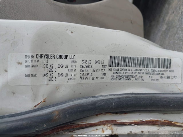 2011 Chrysler Town & Country Touring მანქანა იყიდება აუქციონზე, vin: 2A4RR5DG0BR649107, აუქციონის ნომერი: 45560089