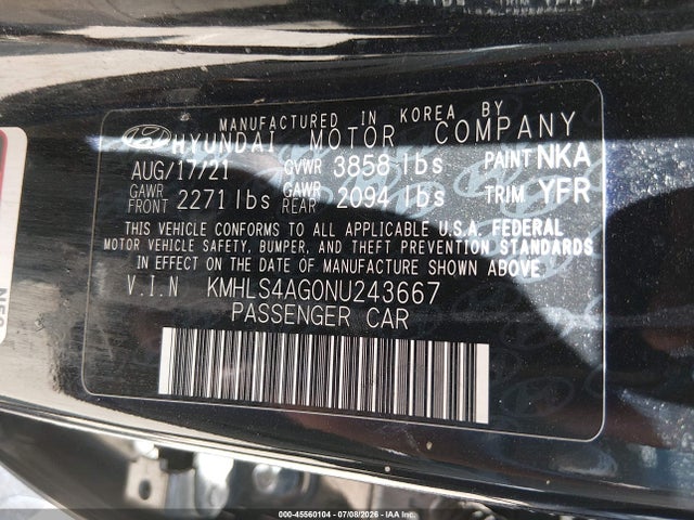 45560104 :رقم المزاد ، KMHLS4AG0NU243667 vin ، 2022 Hyundai Elantra Sel مزاد بيع