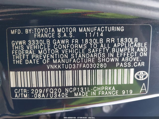 45560108 :رقم المزاد ، VNKKTUD37FA030280 vin ، 2015 Toyota Yaris L مزاد بيع